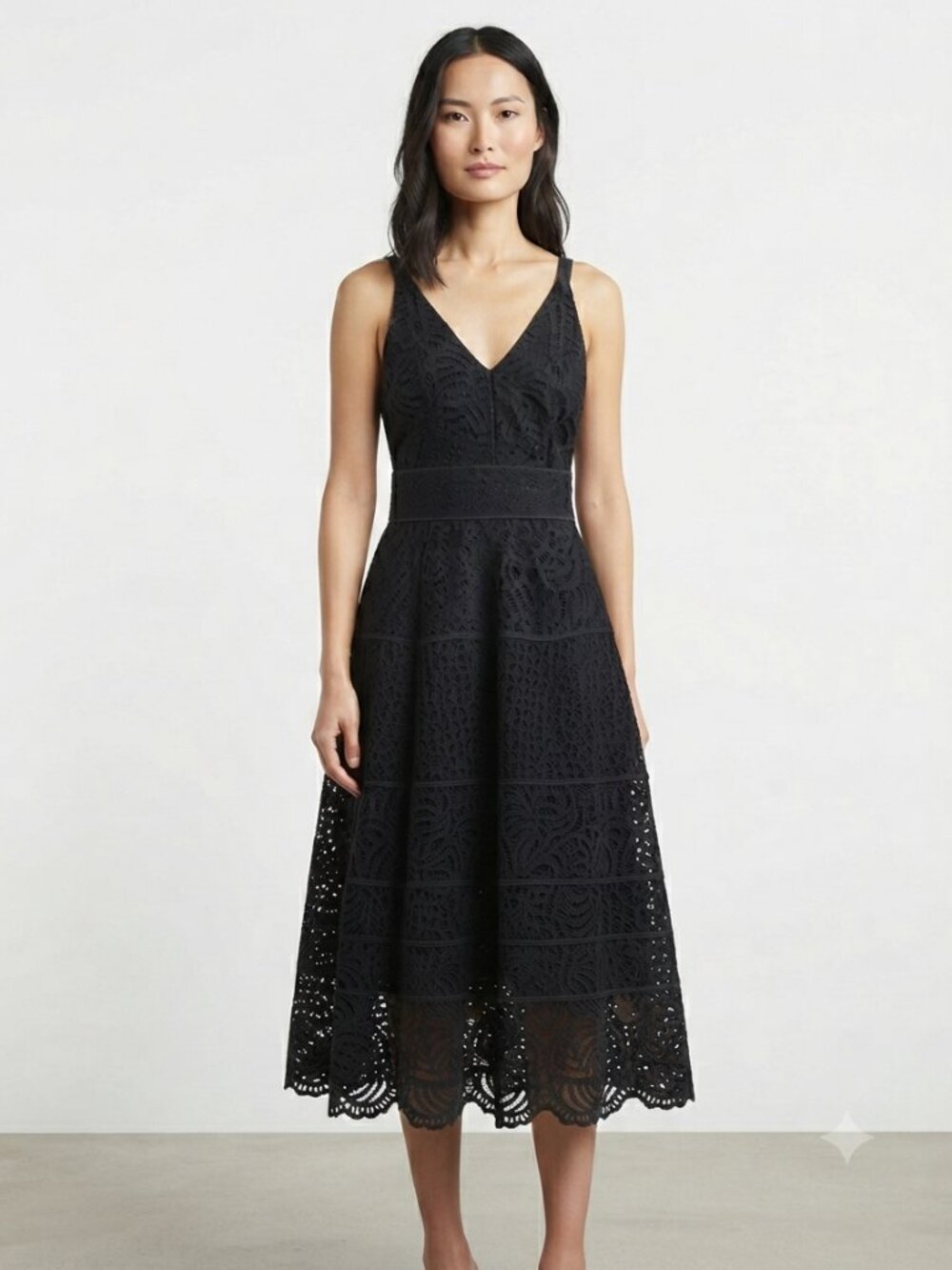 ADELYN RAE BLACK LACE EMBROIDERY SLEEVELESS FIT & FLARE MIDI DRESS - XS